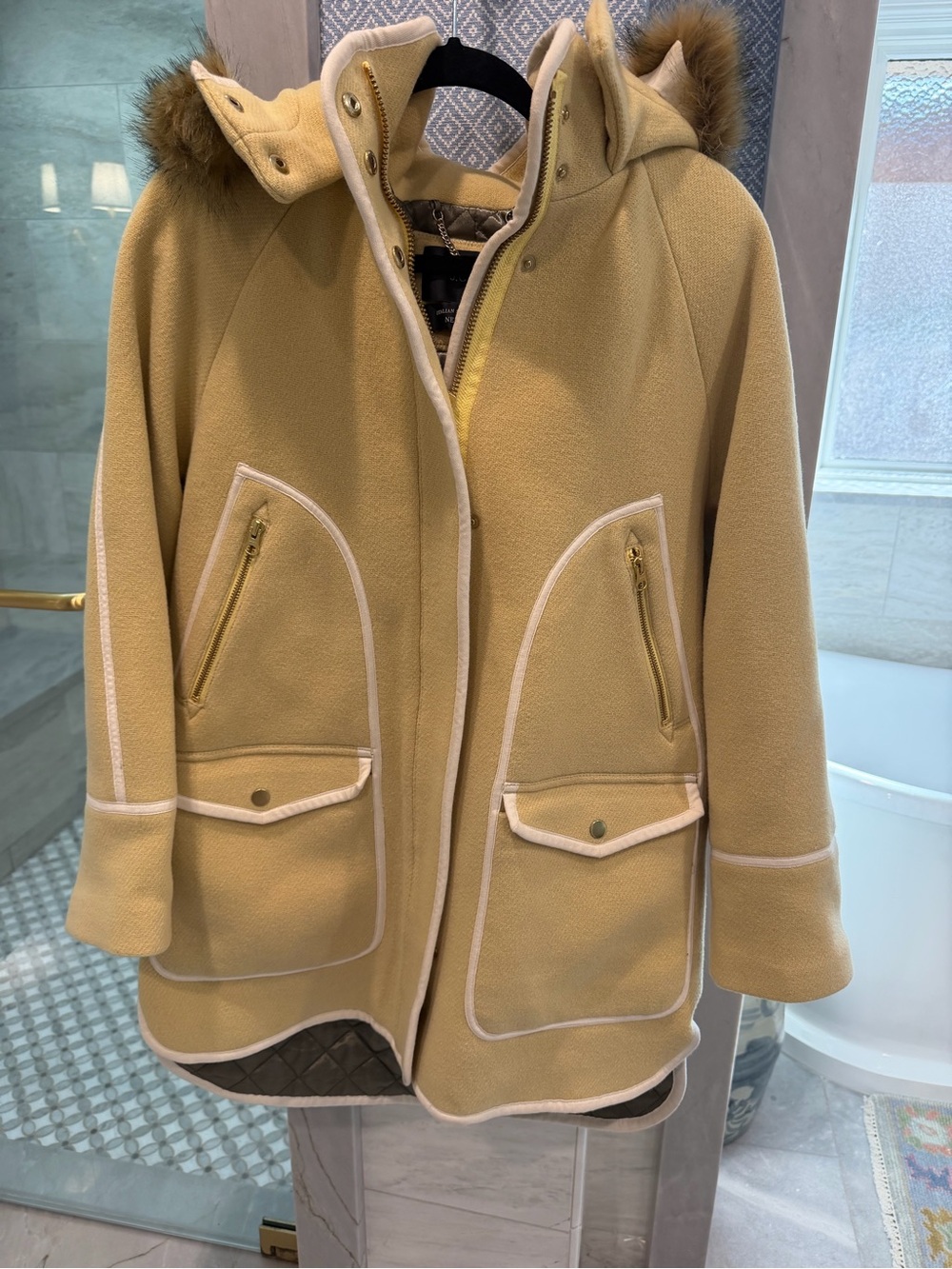 Womens J.Crew Italian Stadium Cloth Nello Gori parka coat with  fur hood size 6